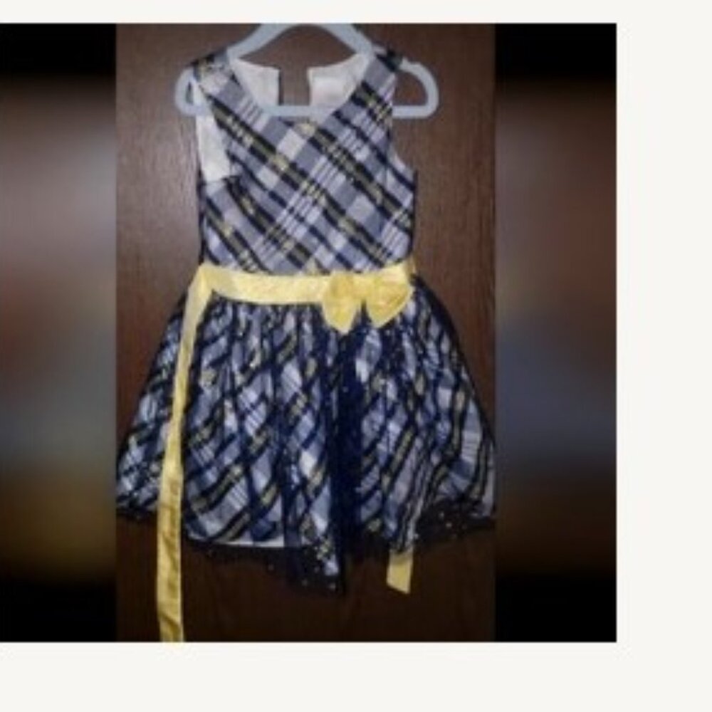 Girls Navy Plaid Formal Dress with Yellow Sash